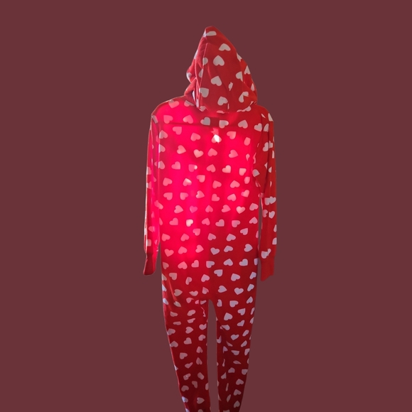 Tipsy Elves Red Heart Print Hooded Onesie Pajamas Small - Picture 4 of 4